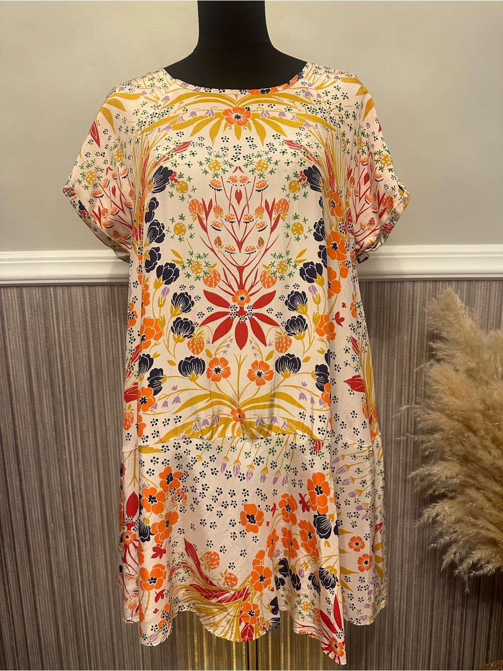 Free People XS Floral Folk Art Oversized Shift Mini Dress Tunic